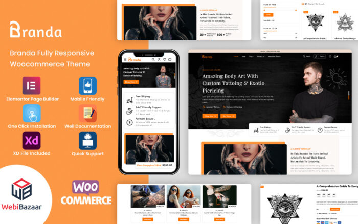 Branda - Tattoo Artist & Hair Salon WooCommerce Template WooCommerce Theme