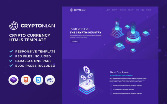 Cryptonian - ICO, Bitcoin And Cryptocurrency HTML Template Landing Page Template