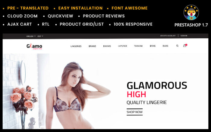 Glamo Lingerie Prestashop Store Template PrestaShop Theme