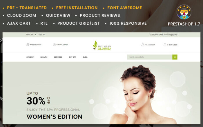 Gloriea Spa and Beauty PrestaShop Theme