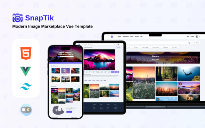 SnapTik - Modern Image Marketplace Vue Template Website Template