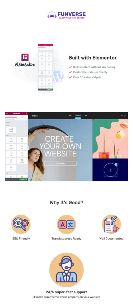 FunVerse - Template WordPress Elementor Permainan Kasino & Mesin Slot Online - Fitur Gambar 1