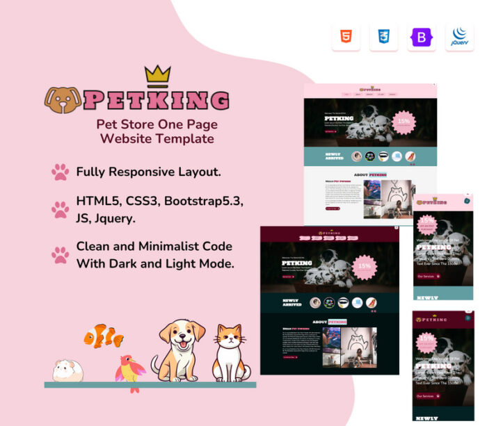 PETKING: Template Situs Web HTML Responsif Satu Halaman untuk Toko Hewan Peliharaan dan Bisnis - Fitur Gambar 1