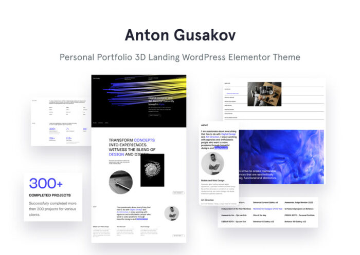 Anton Gusakov - Portofolio Pribadi Tema WordPress Elementor Pendaratan 3D - Fitur Gambar 1