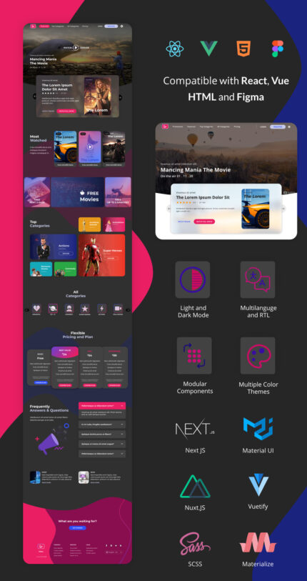 Netflux - Aplikasi Streaming Film React Vue HTML dan Template Halaman Arahan Figma - Fitur Gambar 1