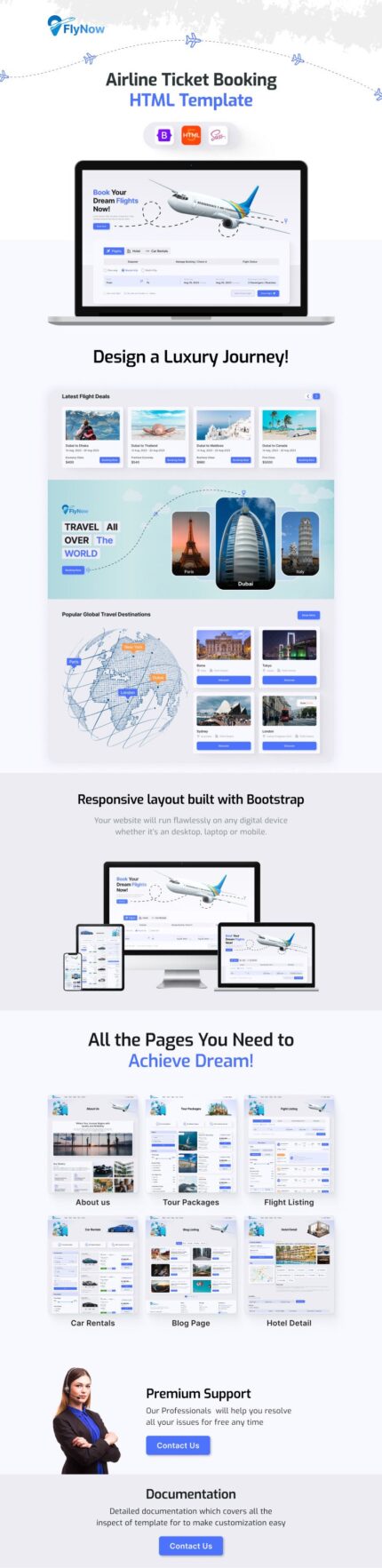 Flynow: Template HTML Responsif untuk Pemesanan Tiket Pesawat & Perencanaan Perjalanan - Fitur Gambar 1