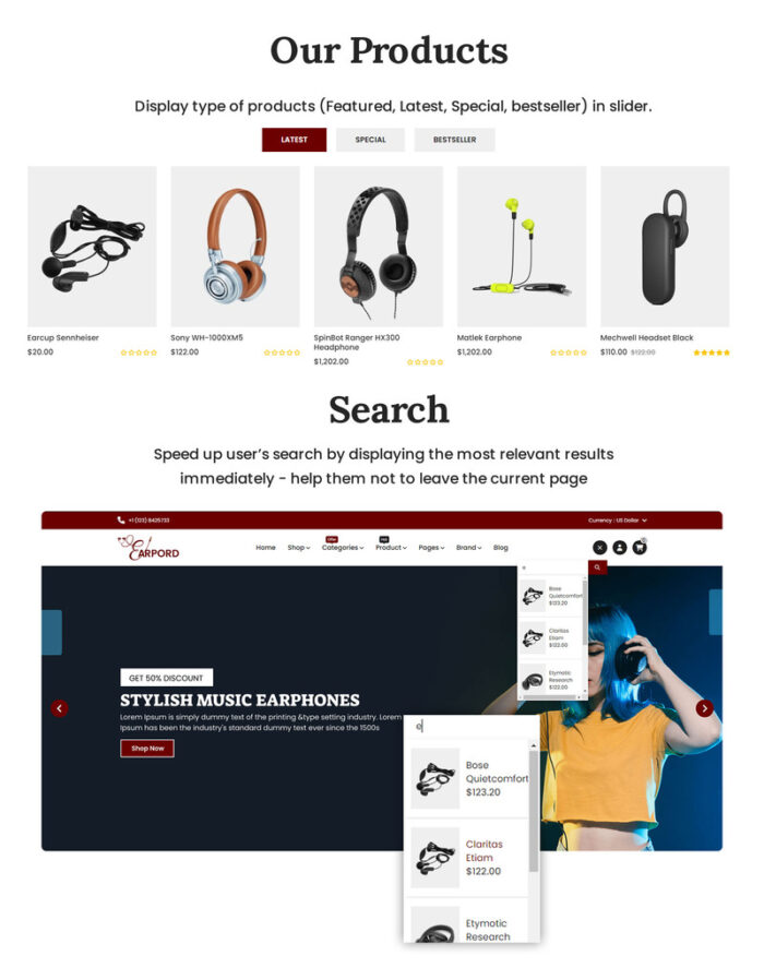 Earpords - Template Opencart untuk Menjual Earphone, Airpods, Headphone, Bluetooth, dan Neckband - Fitur Gambar 3