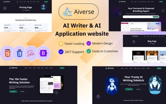 Aiverse - Template HTML situs web Penulis AI dan Aplikasi AI