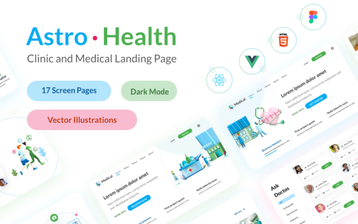 AstroHealth - Template Halaman Arahan Medis dan Layanan Kesehatan HTML React Vue dan Figma