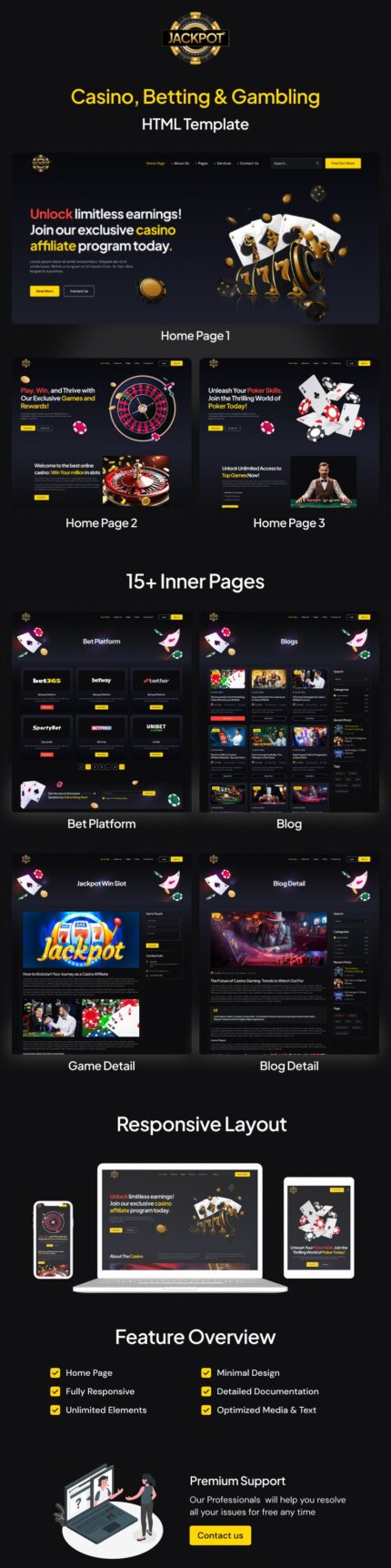 JACKPOT: Template HTML Situs Web Afiliasi Kasino Online, Perjudian dan Taruhan - Fitur Gambar 1