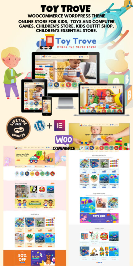 Toy Trove - Tema WordPress WooCommerce Elementor untuk mainan anak-anak, pakaian, barang hadiah, dan banyak lagi. - Fitur Gambar 1