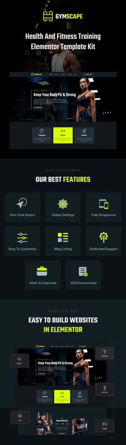 Gymscape - Kit Template Elementor Pelatihan Kesehatan dan Kebugaran - Fitur Gambar 1