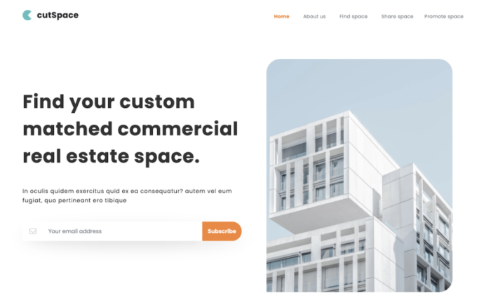 cutSpace – Temukan ruang komersial. Halaman arahan di Bootstrap-5