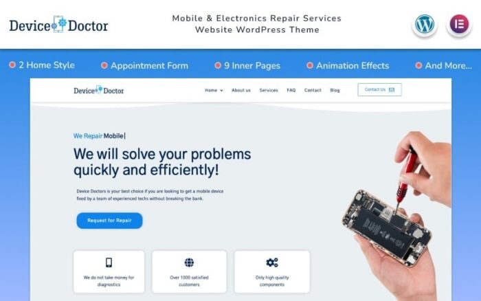 Tema WordPress Situs Web Layanan Perbaikan Ponsel & Elektronik Device Doctor