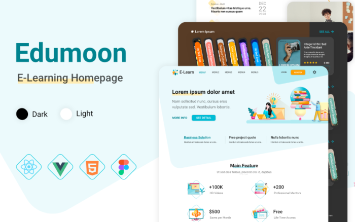 Edumoon - HTML React Vue Figma Template Beranda Pendidikan dan E-learning