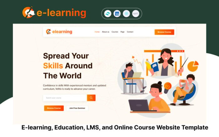 Elearning - E-learning, Pendidikan, LMS, dan Kursus Online bereaksi terhadap Template Situs Web JS Berikutnya