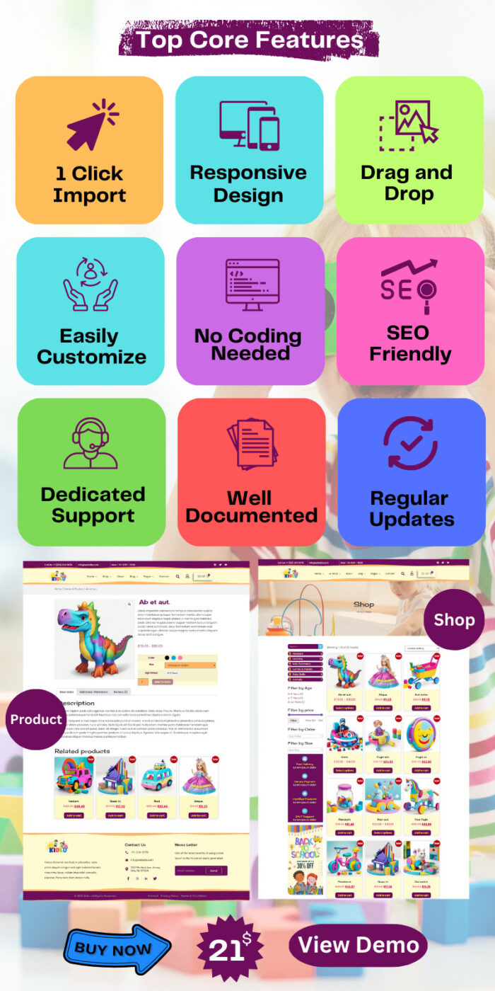 Kidlu - WooCommerce Elementor Template Kit untuk toko mainan, pakaian, dan mode - Fitur Gambar 2