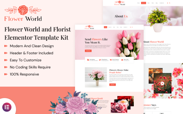 Flower World - Kit Template Elementor Penjualan Bunga Online