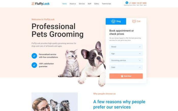 FluffyLook - Template Halaman Arahan Perawatan Hewan Peliharaan yang Bersih