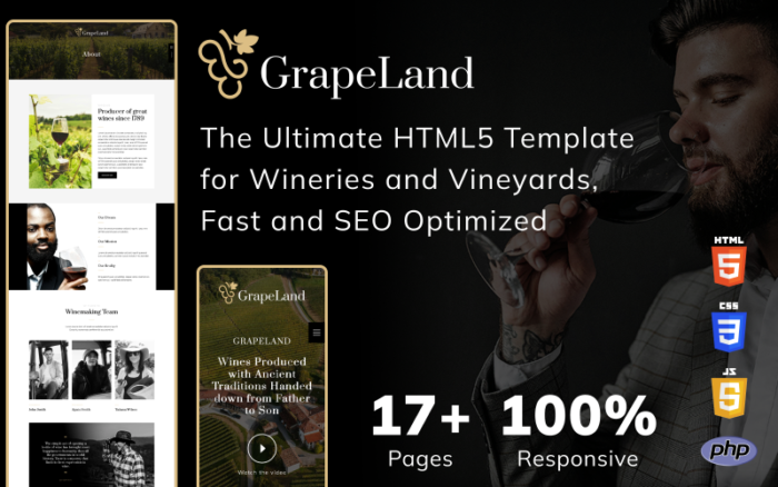 GrapeLand - Template Situs Web HTML5 Terbaik untuk Pabrik Anggur dan Kebun Anggur, Cepat dan Dioptimalkan SEO