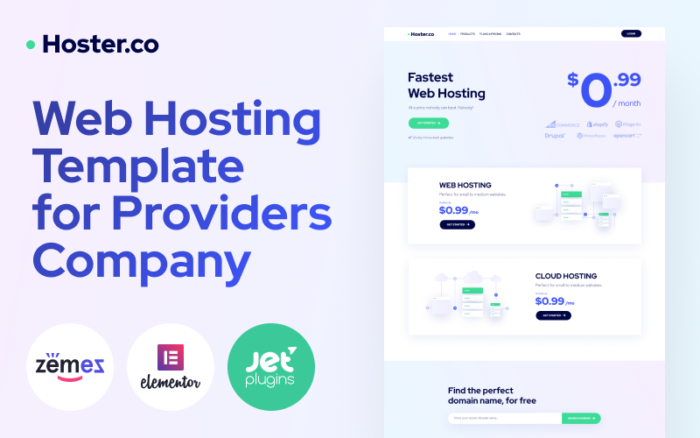 Hoster.co - Template Web Hosting untuk Perusahaan Penyedia dengan Tema WordPress Elementor