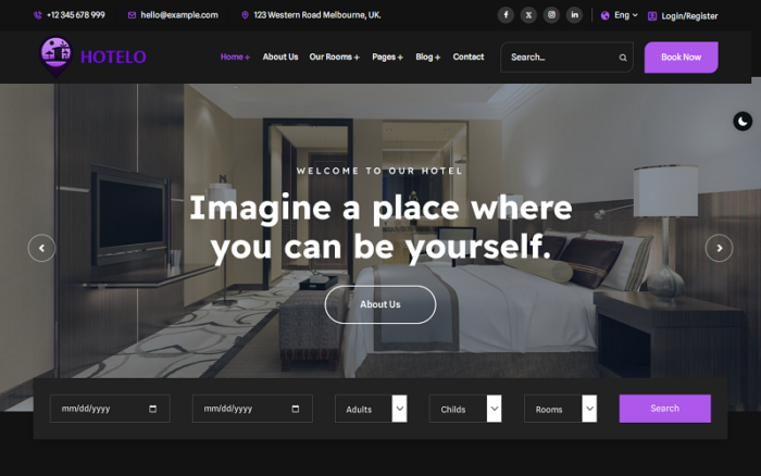 Hotelo - Tema WordPress Elementor Responsif untuk Pemesanan Hotel, Resor, Motel