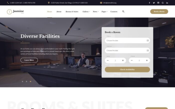 Jasmine - Template Situs Web HTML5 Multihalaman Klasik Hotel