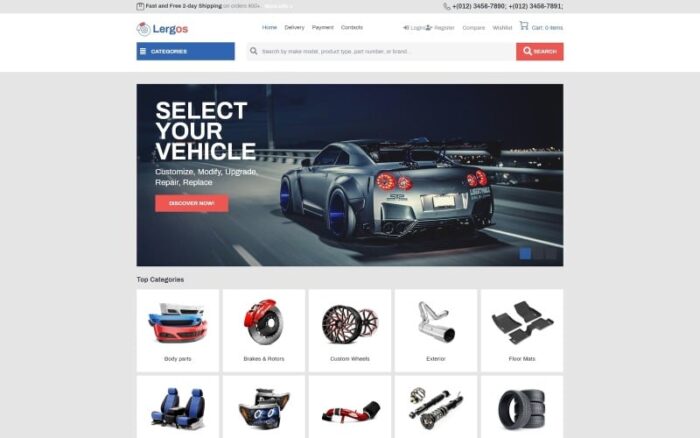 Lergos - Suku Cadang Mobil ECommerce Klasik Elementor Tema WooCommerce