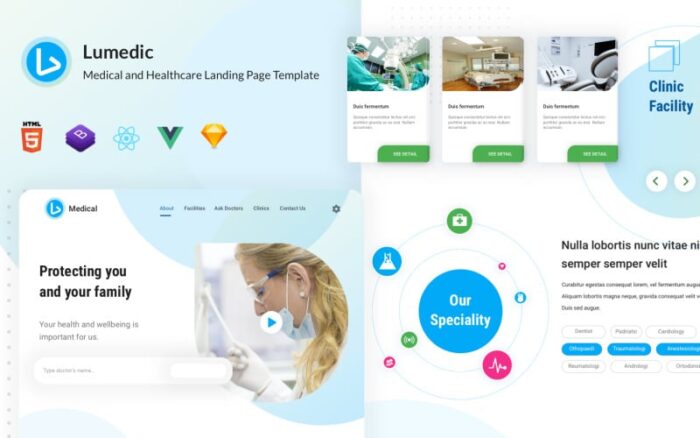 Lumedic - Template Halaman Arahan Medis dan Layanan Kesehatan React Vue HTML Sketch