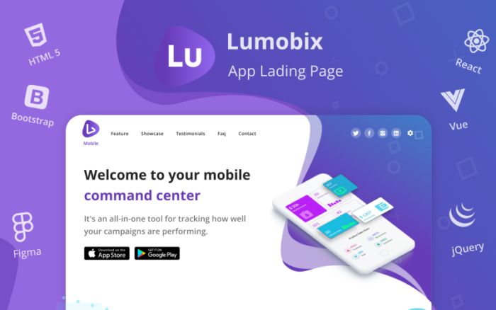 Lumobix - Template Halaman Arahan untuk Pameran Aplikasi Seluler dengan React Vue HTML dan Figma