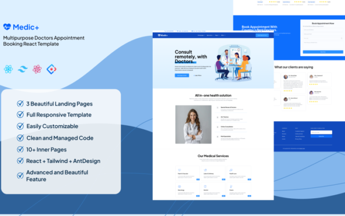 Medic+ Hospitals, Clinics, Doctors Appointment Booking System ReactJS + Tailwind CSS + Ant Design