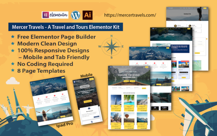 Mercer Travels – Kit Elementor Perjalanan dan Tur