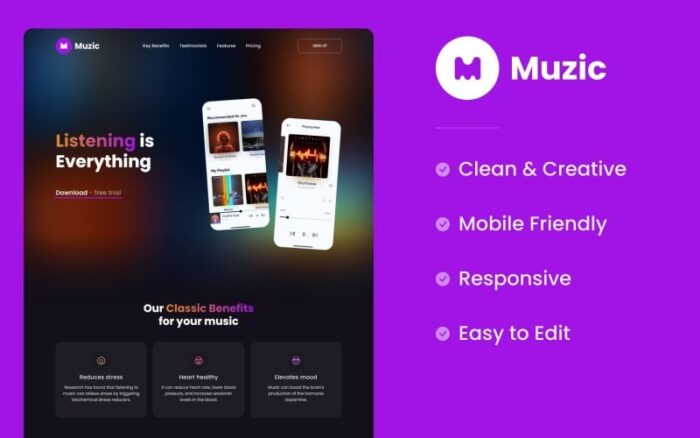 Muzic - Template HTML Halaman Arahan Aplikasi Musik