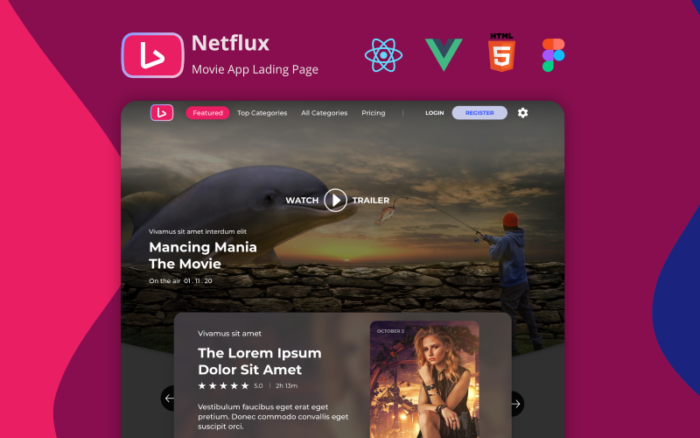 Netflux - Aplikasi Streaming Film React Vue HTML dan Template Halaman Arahan Figma