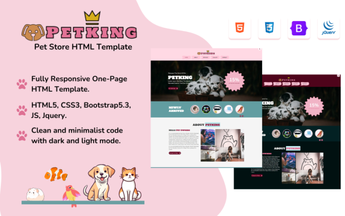 PETKING: Template Situs Web HTML Responsif Satu Halaman untuk Toko Hewan Peliharaan dan Bisnis