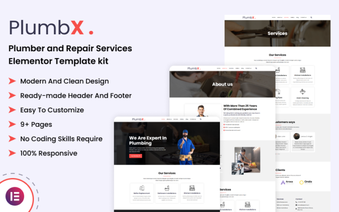 PlumbX - Kit Template Elementor Layanan Tukang Ledeng dan Perbaikan