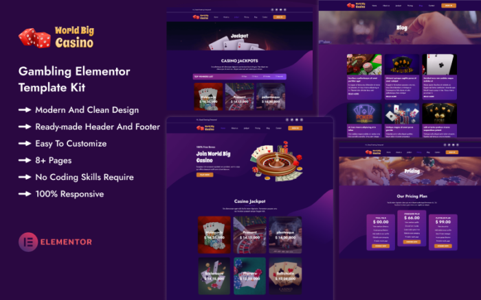 World Big Casino - Kit Template Perjudian Elementor