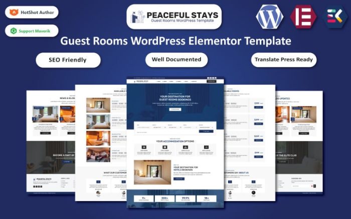 Peaceful Stays - Guest Rooms, Hotel & Resort WordPress Elementor Template